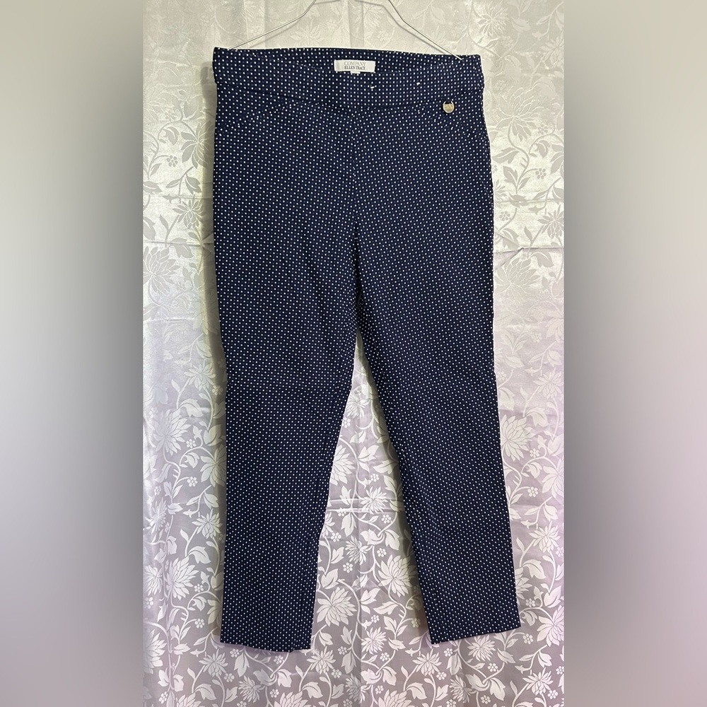 Ellen Tracy Company Navy Blue Slim Fit Pants Medium White Dot Print.